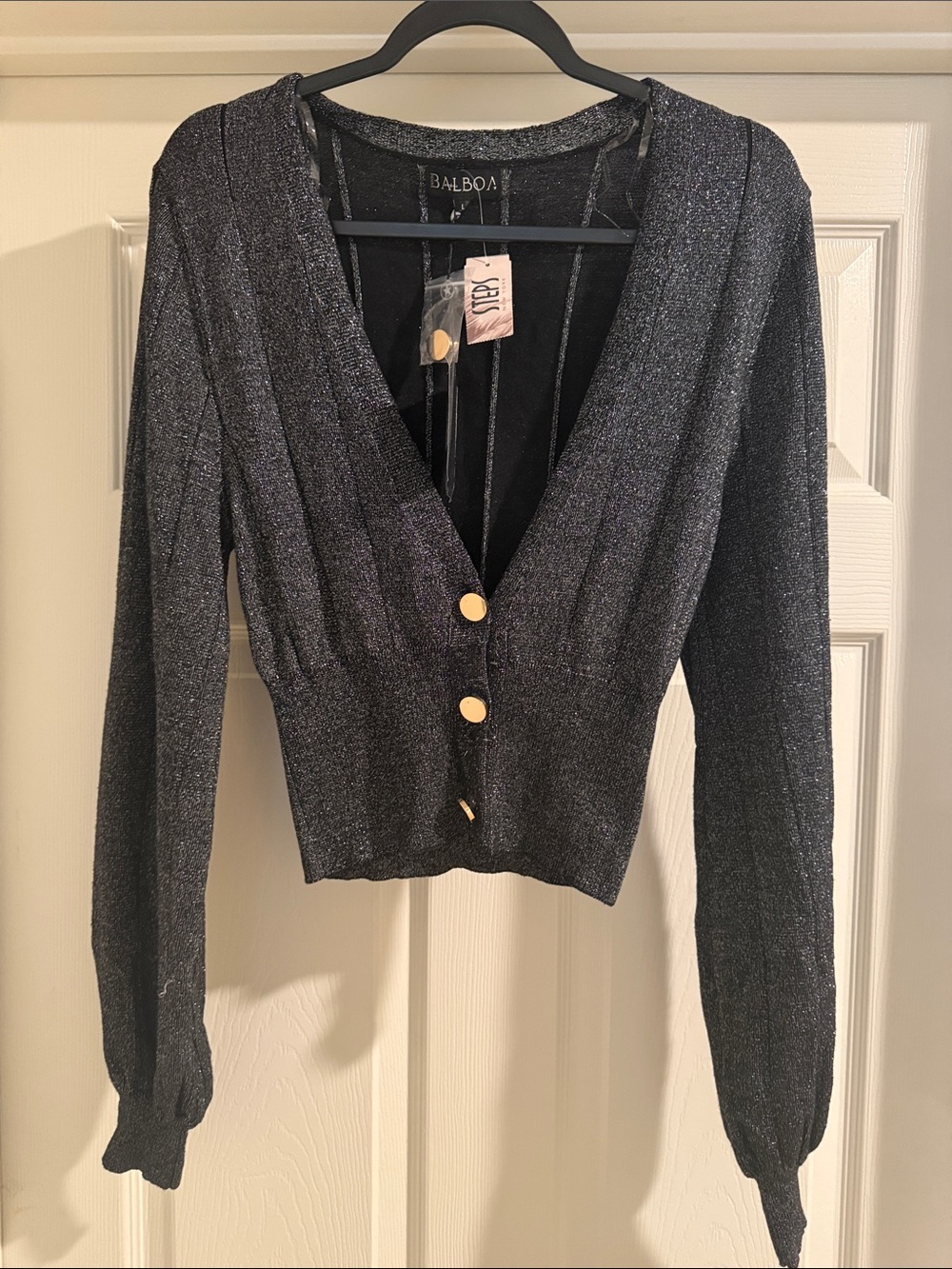 Balboa Metallic Black V-Neck Button Cardigan